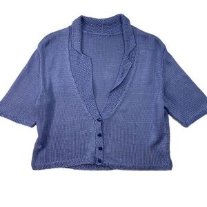 Cropped periwinkle blue hand knit short sleeve cottagecore grannycore sweater